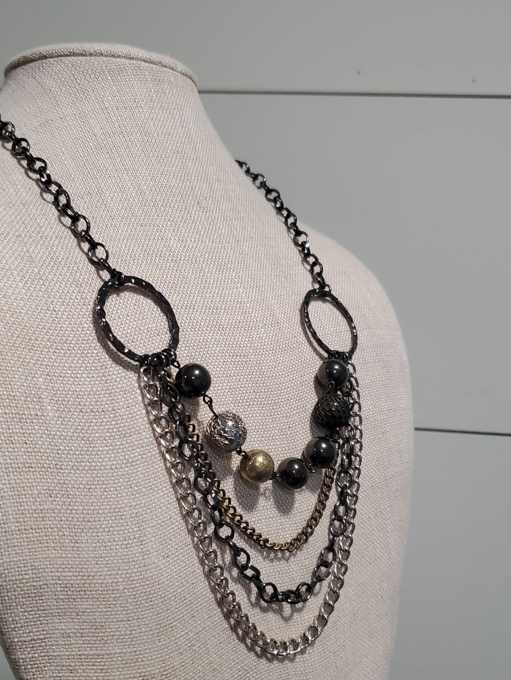 Vintage Multi-Chain Statement Necklace in Black and Gold Tones